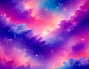 Leinwandbilder - a vibrant, cosmic scene with a gradient of purple, pink, and blue hues, dotted with twinkling stars The sky is filled with fluffy clouds, creating a sense of depth and