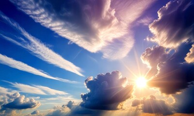 Poster - A breathtaking view vibrant sunset sky, with the sun peeking through a cluster of fluffy white clouds, casting a warm glow across the scene