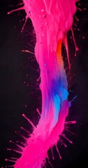 Poster - a vibrant splash of pink and blue paint, with splatters and drips creating a dynamic and abstract composition against a dark background