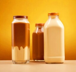 Aufkleber - Three glass bottles containing different colored liquids, including a brown liquid with a drizzle effect, are arranged on a wooden surface against a yellow background