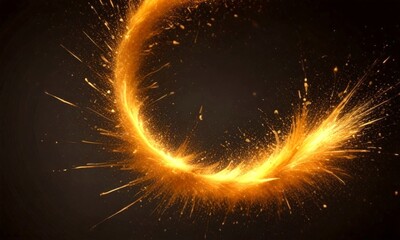 Fototapete - a dynamic scene golden ring-like shape, radiating outwards from a central point against a dark background The golden ring is composed of numerous small particles, creating