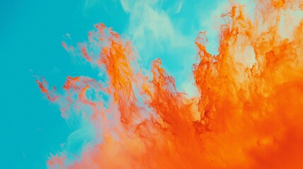 Poster - Vivid orange ink flows through blue water, creating a dynamic abstract background with energy and motion. Perfect for creative projects