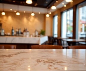 Fototapete - a blurred view restaurant interior, with a marble countertop in the foreground and a blurred background featuring a bar area and chairs