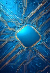 Fototapete - a digital circuit board with a central square, surrounded by a complex network of interconnected lines and traces The background is a deep blue color, with
