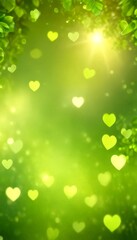Fototapete - a blurred green background with numerous small, glowing heart shapes scattered throughout, creating a sense of movement and energy