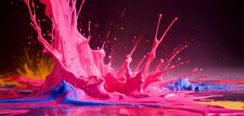Aufkleber - A splash of vibrant pink and blue paint creates a dynamic and colorful scene against a dark background