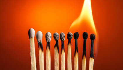 Burning matches on black background. matchsticks on fire in row of burning is sequence while one match stay down from burning to avoid fire connecting against black background.