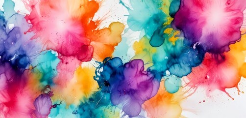 Poster - an abstract painting featuring a vibrant mix of colors, including pink, orange, blue, and purple, with splashes of white and black adding depth and contrast