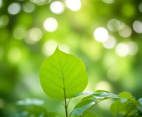 Poster - A close-up large, vibrant green leaf with a pointed tip, set against a blurred, bokeh-filled background