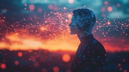 A digital human silhouette lights up with network connections, merging with the soft glow of bokeh lights.