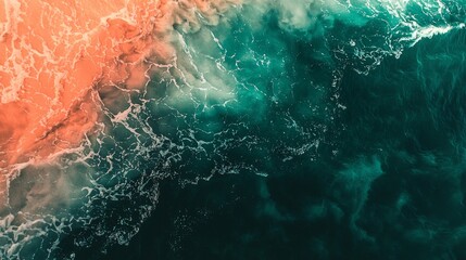 Poster - Mesmerizing aerial view of turquoise ocean blending with vibrant orange hues, forming beautiful patterns in a seamless dance of colors