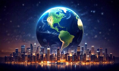 Poster - The Earth, a glowing blue sphere, is nestled within a cityscape of towering skyscrapers, with the city's lights reflected in the calm waters below