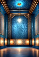 Poster - a grand, ornate room with a high ceiling, intricate gold and blue patterns, and a central light fixture The walls are painted in a deep blue color, and the floor is made of