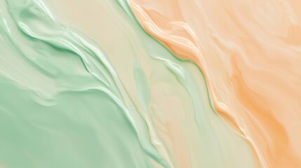 Poster - Mixing two colors of cosmetic cream, one green and one peach, creating a wavy pattern. Ideal background for beauty products