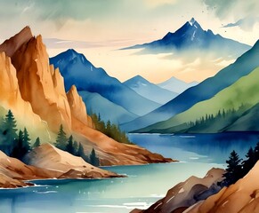 Aufkleber - a serene mountain landscape with a calm lake, surrounded by rocky terrain and lush forests The scene is in a watercolor style, with a soft, pastel palette and a sense