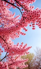 Poster - A close-up view of cherry blossoms in full bloom, with a clear blue sky in the background