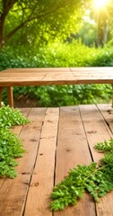 Poster - A wooden picnic table set in a lush garden, with green leaves scattered around the table and a backdrop of verdant trees and foliage