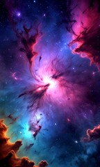 Poster - a vibrant cosmic scene, featuring a swirling nebula with a bright center and a multitude of stars and celestial bodies scattered throughout the dark blue and purple backdrop