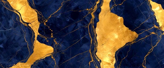 Poster - a close-up view marble surface with a striking pattern of dark blue and gold hues The marble exhibits a textured and intricate design, with visible cracks and lines that