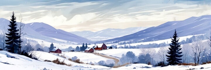 Aufkleber - A winter landscape with a village nestled in the valley, surrounded by snow-covered mountains and pine trees