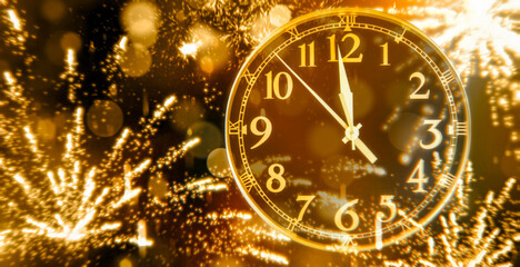 Countdown to midnight. Clock And Golden Fireworks. Abstract Defocused Background. festive party invitation card concept for new years eve