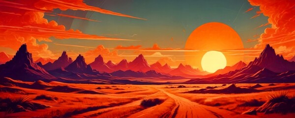 Poster - a serene desert landscape at sunset, with a large sun setting behind a series of mountains The sky is painted in shades of orange and pink, creating a warm and