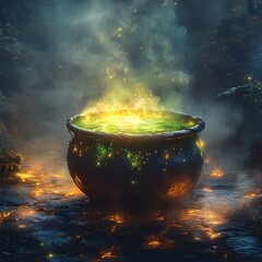 Glowing Green Witch s Cauldron with Floating Mist in Mystical Fantasy Scene