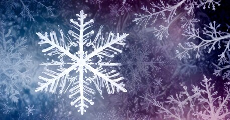 Aufkleber - A close-up snowflake against a background of blurred snowflakes in various shades of blue and purple