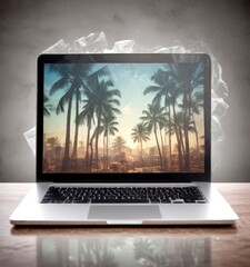 Poster - A laptop screen displays a tropical cityscape with palm trees, set against a hazy, warm-toned background