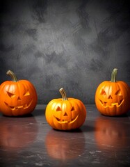 Aufkleber - Three carved pumpkins with smiling faces are arranged on a dark surface, creating a festive and spooky Halloween atmosphere