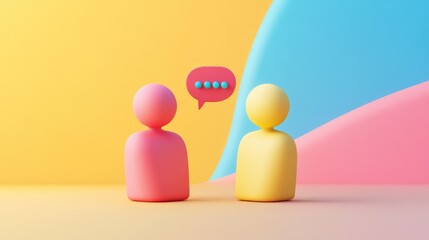 Two 3D figures in conversation with a speech bubble above them against a colorful background.