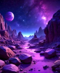 Poster - A surreal, otherworldly landscape with a large purple planet dominating the night sky, surrounded by rocky mountains and a winding river