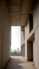 Poster - A long, narrow concrete corridor with a large window at the end, offering a view cityscape