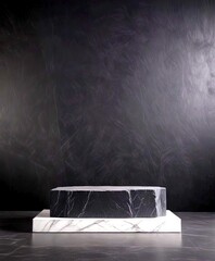 Poster - A black marble pedestal with a white marble base rests on a dark surface, creating a striking contrast