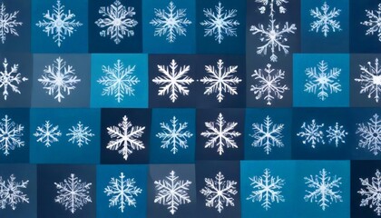 Aufkleber - A collage of snowflakes in various shades of blue and gray, arranged in a grid-like pattern