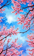 Poster - Cherry blossoms in full bloom against a clear blue sky, with a few clouds scattered across the expanse