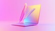 © ShinneProject - Two white feathers float above a laptop in a neon pink and blue gradient background.
