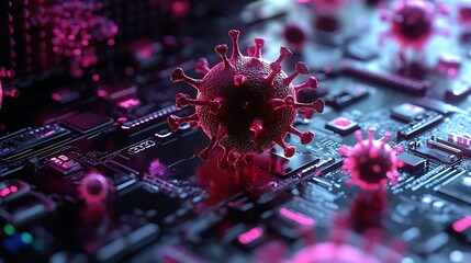 Wall Mural - A virus spreads across a circuit board, symbolizing the intersection of technology and pandemic.