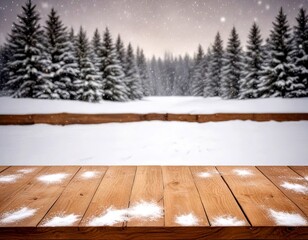 Poster - A snowy winter landscape with a wooden platform in the foreground, featuring a line of snow-covered pine trees in the background