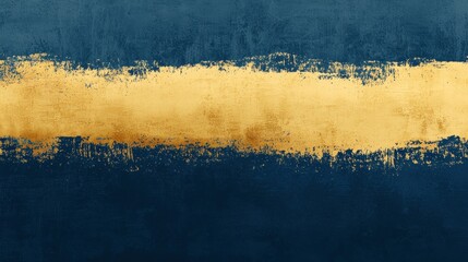 Poster - Gold paint is brushed horizontally across a navy blue painted background creating a rough and textured stripe with copy space
