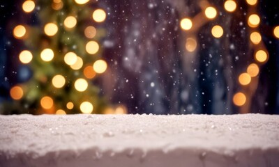 Fototapete - A snowy landscape with a blurred Christmas tree in the background, featuring a warm glow from the tree's lights
