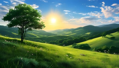 Tranquil rolling green hills under a radiant sun against a bright blue sky in an enchanting natural landscape