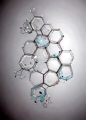 Aufkleber - a complex arrangement of hexagonal structures, with some appearing to be made of glass or a transparent material, and others appearing to be made of metal or a