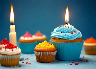 Poster - A collection of cupcakes with blue frosting and colorful sprinkles, accompanied by a lit candle, set against a blue background