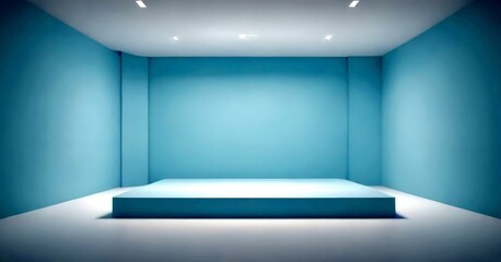 Aufkleber - An empty room with a white platform in the center, illuminated by three recessed lights on the ceiling