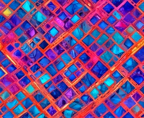 Poster - a vibrant abstract pattern composed of overlapping square tiles in various shades of blue, purple, and orange, creating a dynamic and visually striking composition
