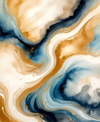 Aufkleber - an abstract painting featuring swirling patterns of blue, white, and gold colors, with splashes of gold and white adding depth and dimension to the composition