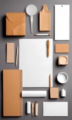 Poster - A collection of various office supplies and stationery items arranged on a gray background
