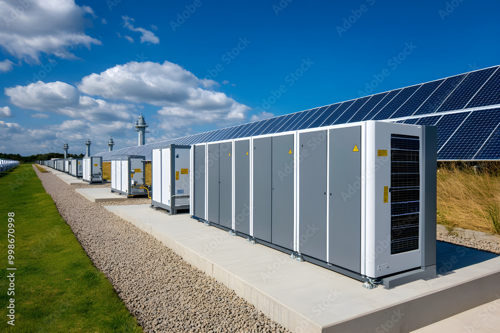 High capacity battery storage systems near solar panels under blue sky ...
