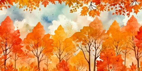 Poster - A watercolor painting depicting a forest scene with trees in autumn colors, including orange, yellow, and red leaves